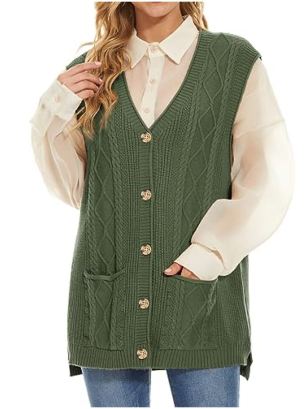 Women's Cable Knit Sweater Vest, Sleeveless V-Neck Loose Fit